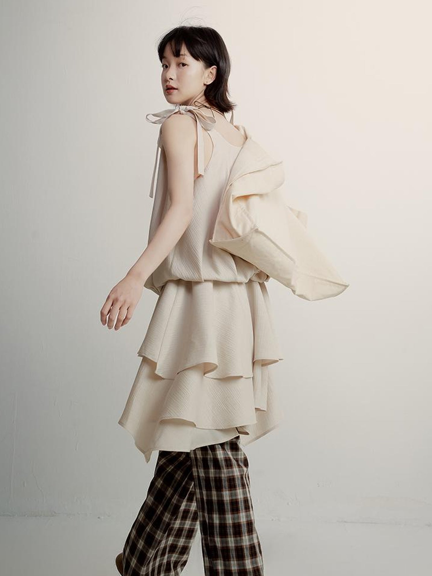 FUSSED Vintage Plaid Wide Leg Trousers with Front Pleats and Relaxed Drape
