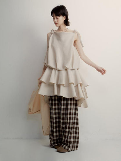 FUSSED Vintage Plaid Wide Leg Trousers with Front Pleats and Relaxed Drape