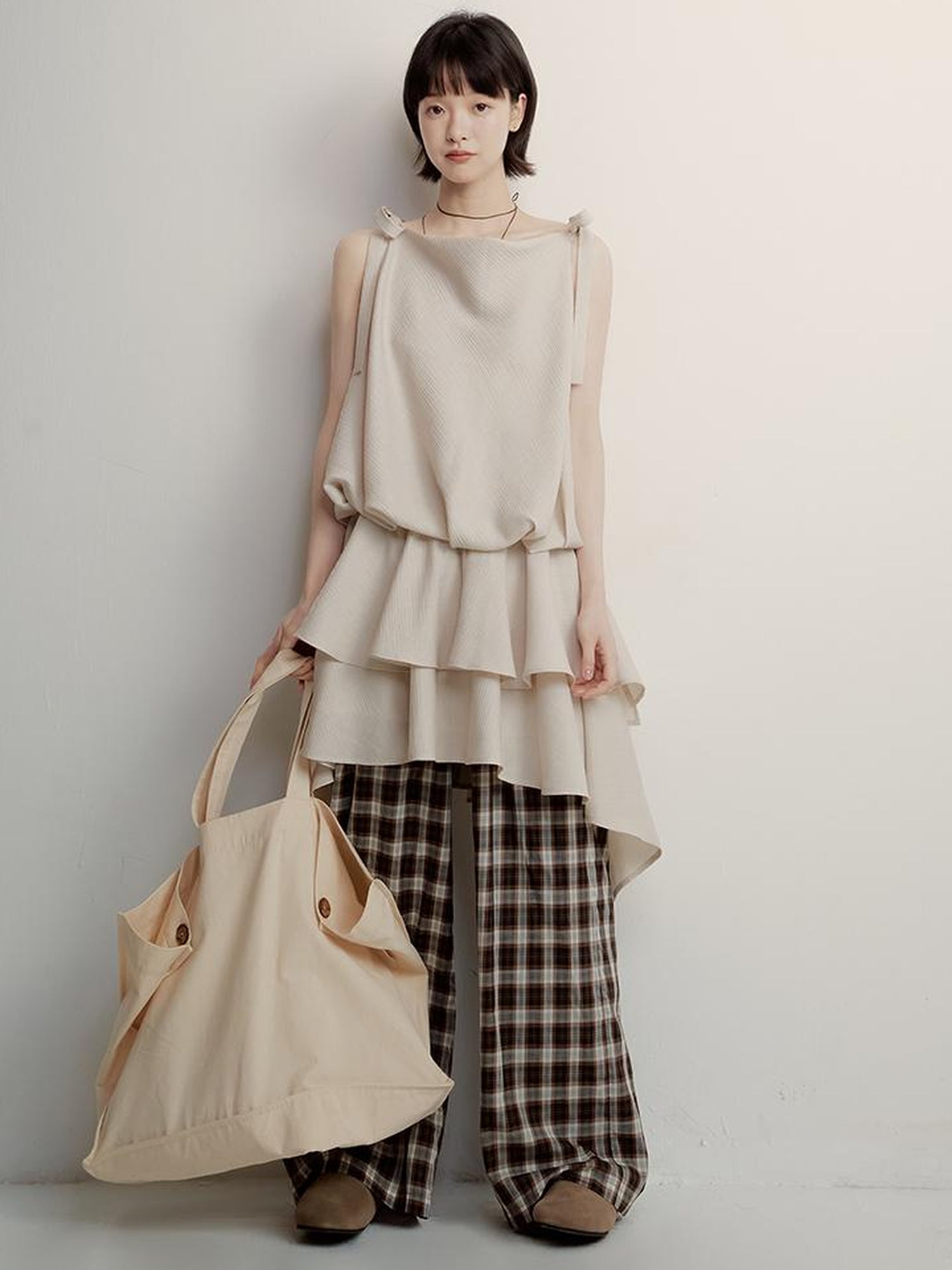 FUSSED Vintage Plaid Wide Leg Trousers with Front Pleats and Relaxed Drape