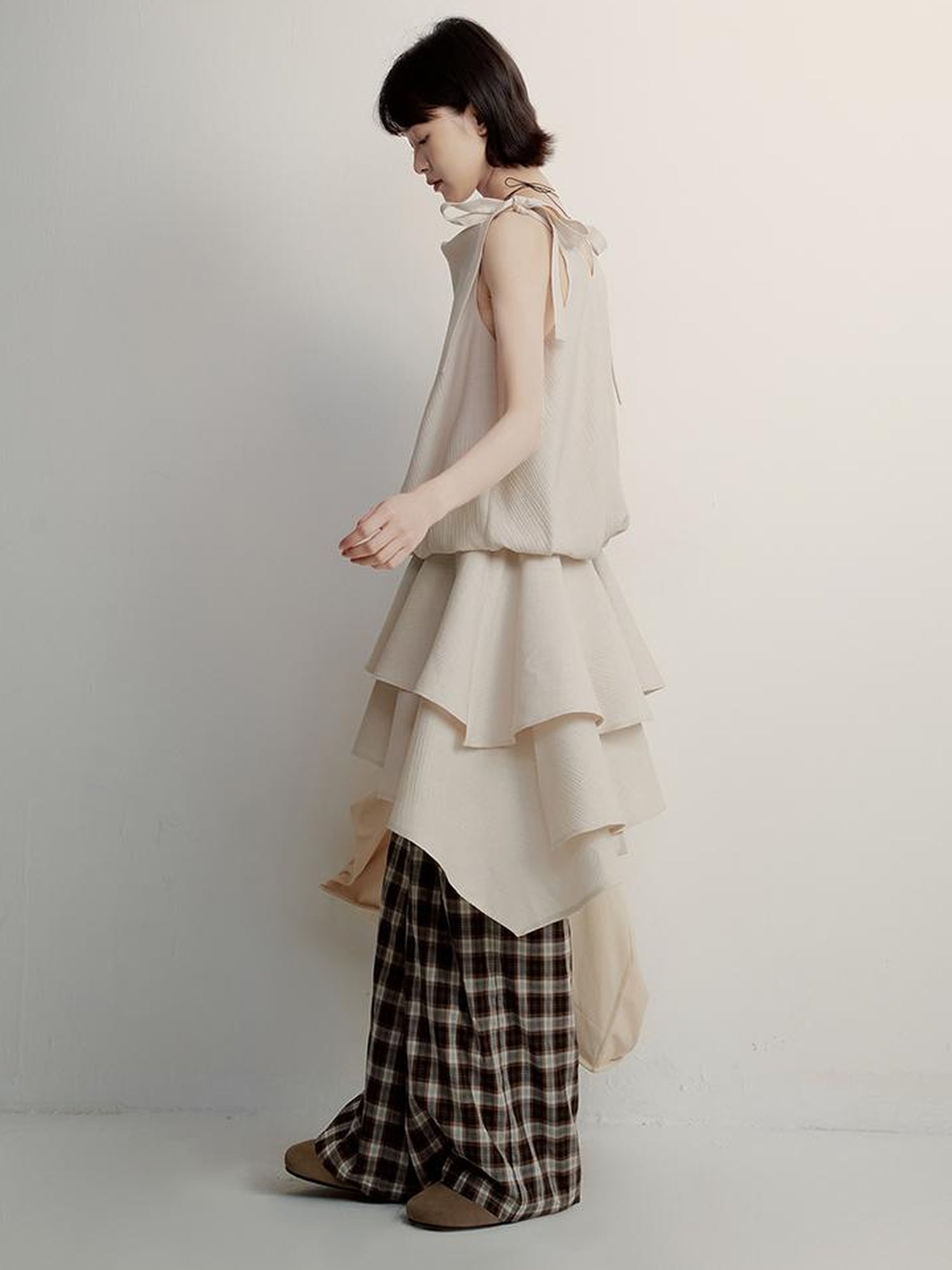 FUSSED Vintage Plaid Wide Leg Trousers with Front Pleats and Relaxed Drape