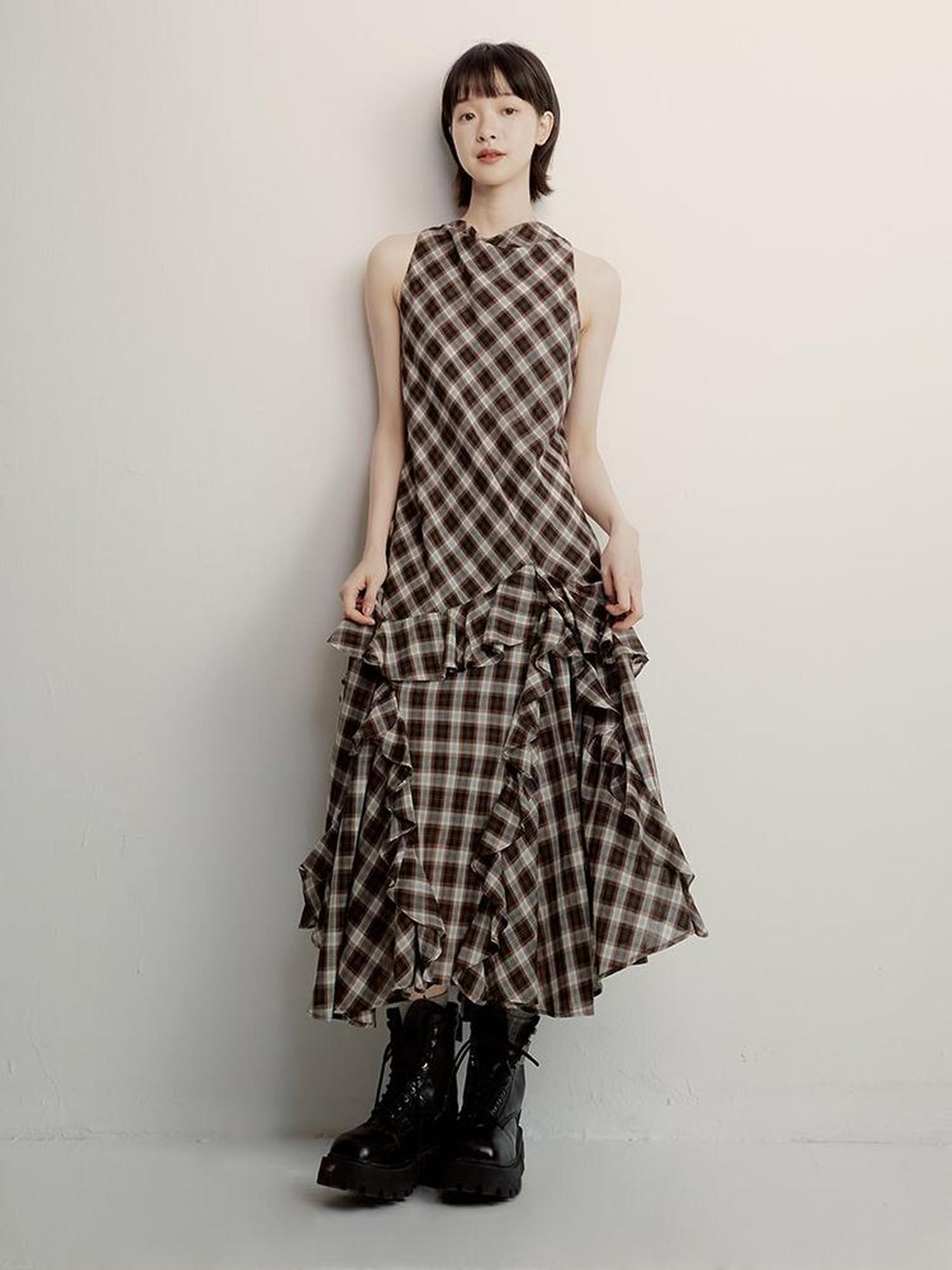 FUSSED Vintage Plunge Neckline Brown Checkered Maxi Dress with Layered Skirt