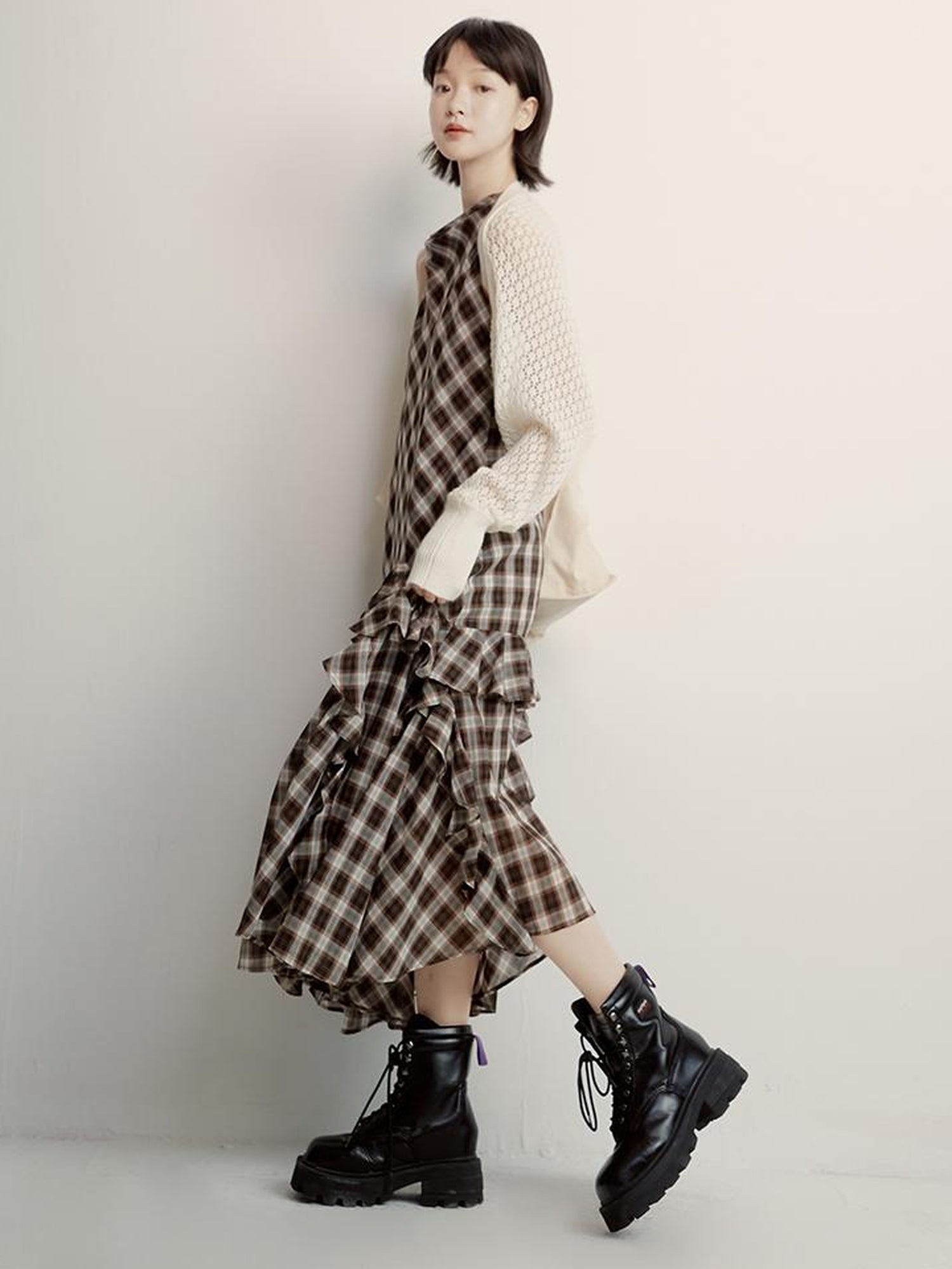 FUSSED Vintage Plunge Neckline Brown Checkered Maxi Dress with Layered Skirt