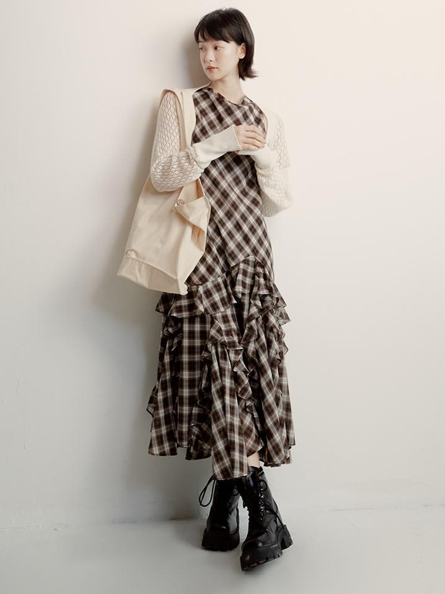 FUSSED Vintage Plunge Neckline Brown Checkered Maxi Dress with Layered Skirt