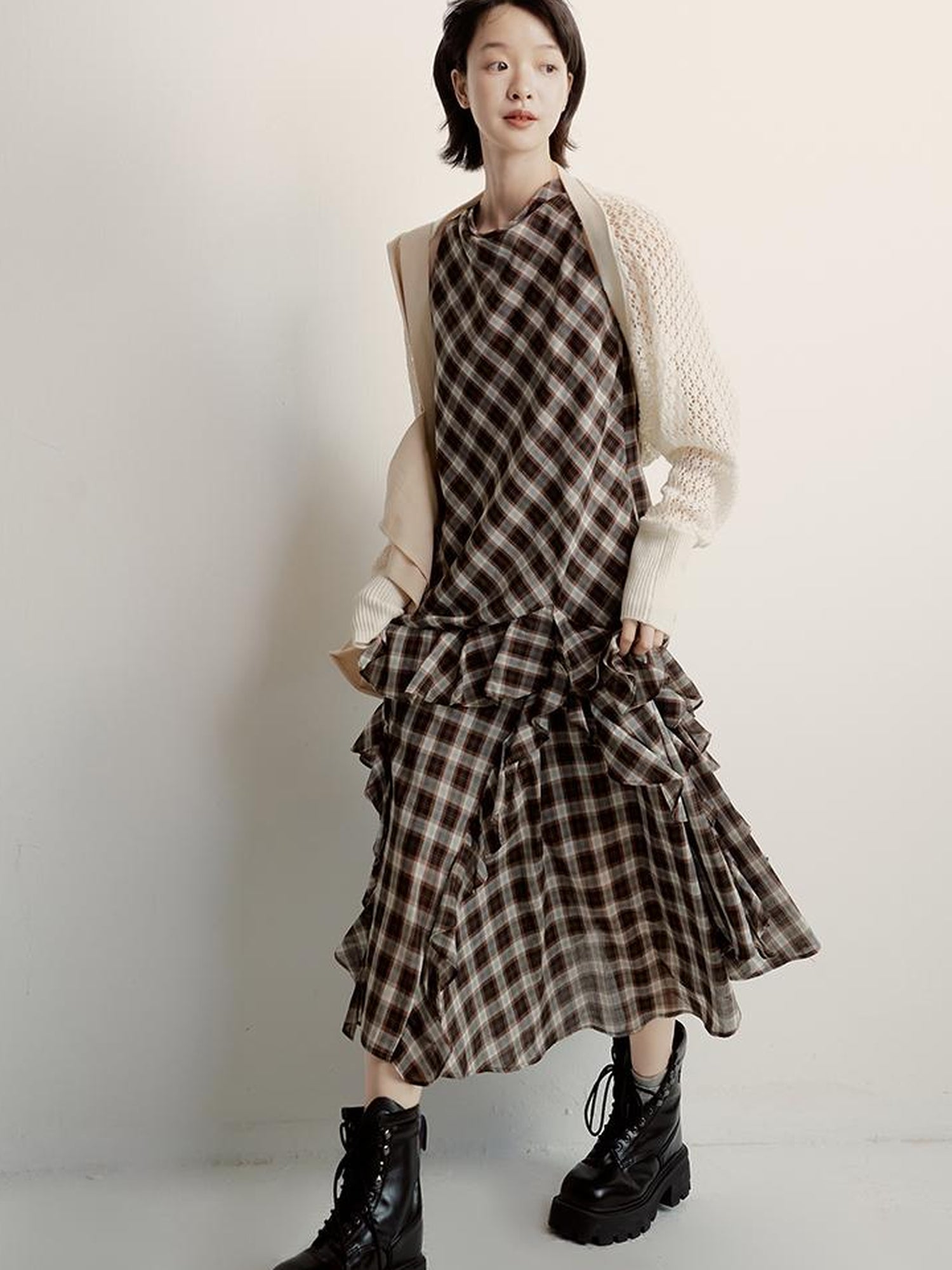 FUSSED Vintage Plunge Neckline Brown Checkered Maxi Dress with Layered Skirt