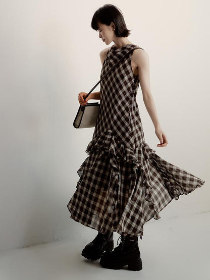 FUSSED Vintage Plunge Neckline Brown Checkered Maxi Dress with Layered Skirt