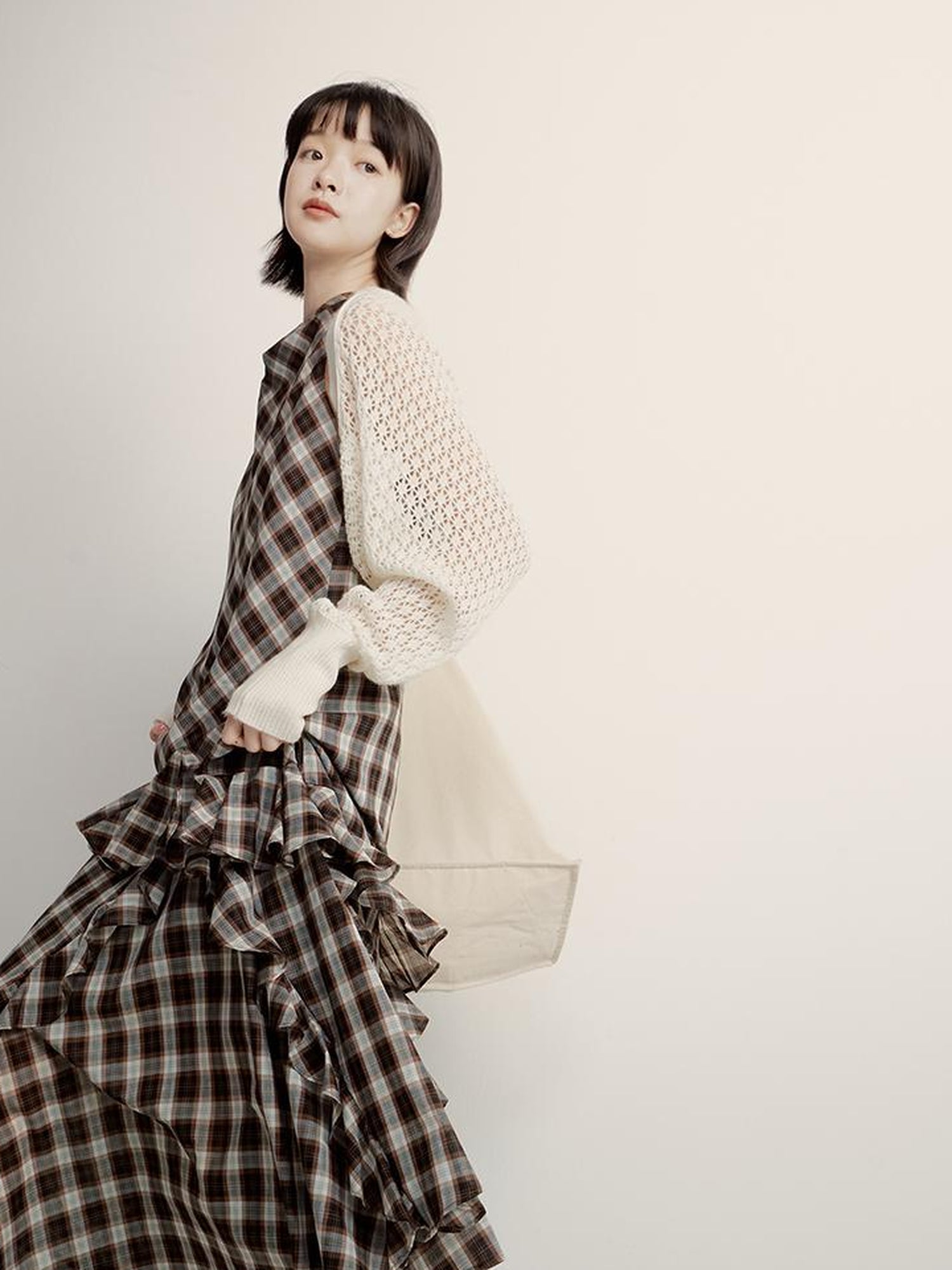 FUSSED Vintage Plunge Neckline Brown Checkered Maxi Dress with Layered Skirt
