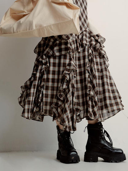FUSSED Vintage Plunge Neckline Brown Checkered Maxi Dress with Layered Skirt
