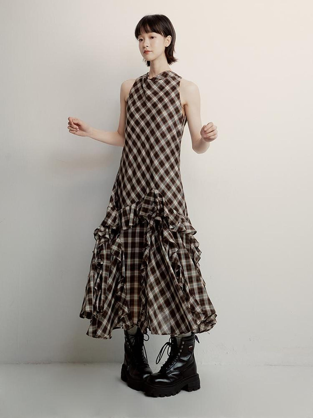 FUSSED Vintage Plunge Neckline Brown Checkered Maxi Dress with Layered Skirt