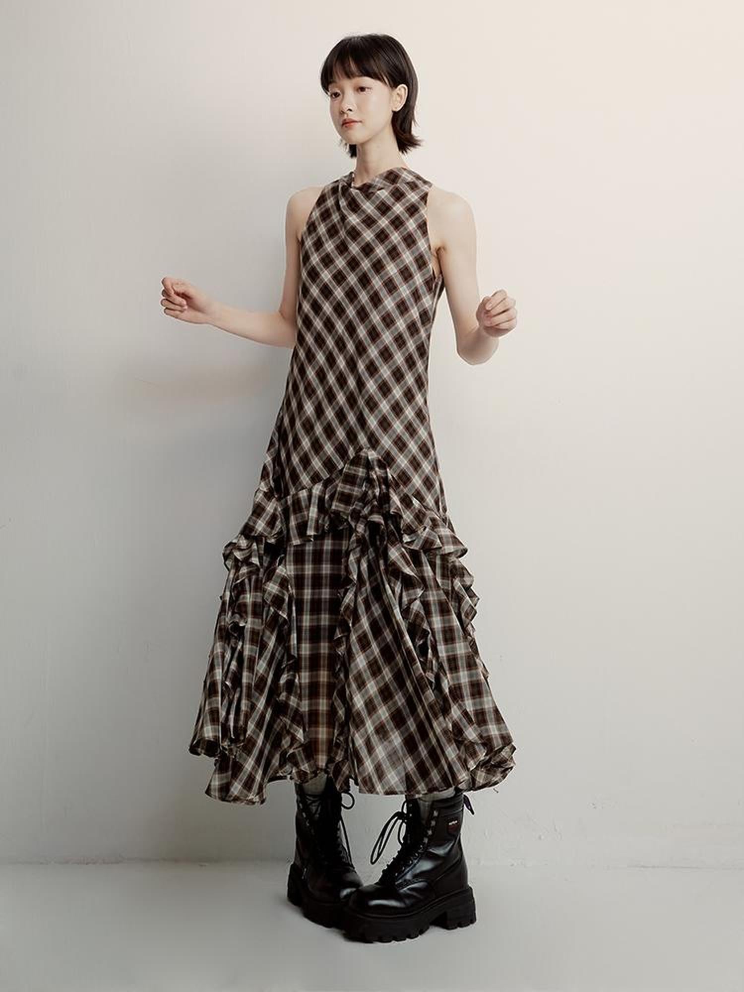 FUSSED Vintage Plunge Neckline Brown Checkered Maxi Dress with Layered Skirt