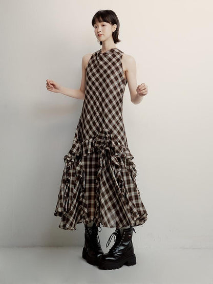 FUSSED Vintage Plunge Neckline Brown Checkered Maxi Dress with Layered Skirt