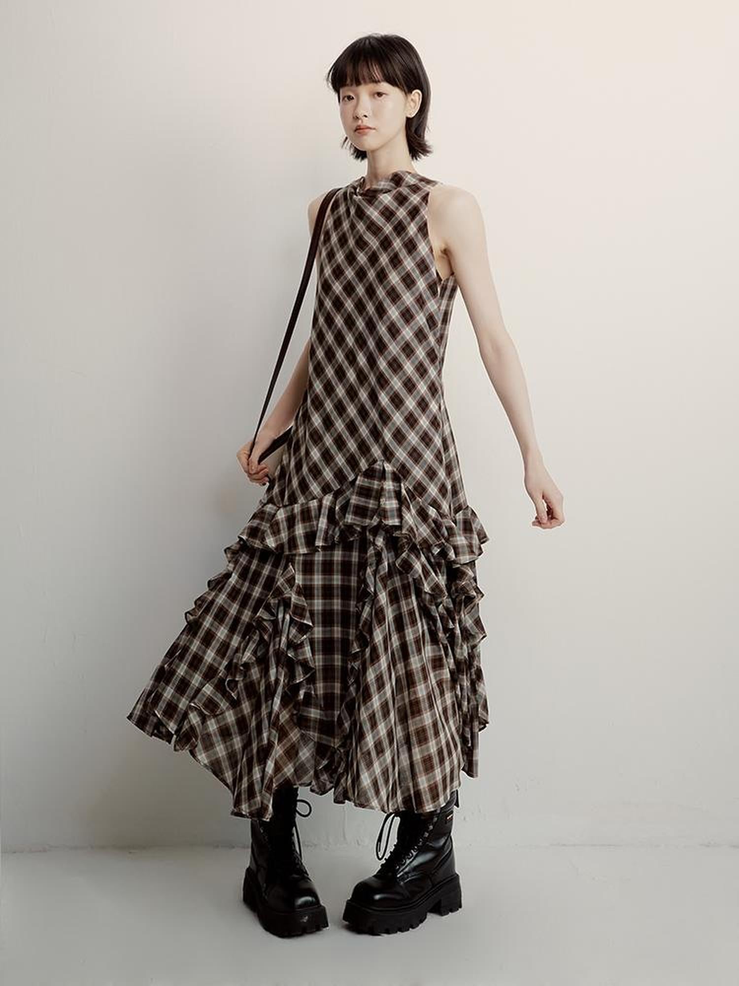 FUSSED Vintage Plunge Neckline Brown Checkered Maxi Dress with Layered Skirt