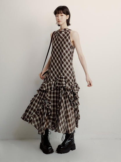FUSSED Vintage Plunge Neckline Brown Checkered Maxi Dress with Layered Skirt