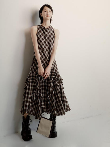 FUSSED Vintage Plunge Neckline Brown Checkered Maxi Dress with Layered Skirt