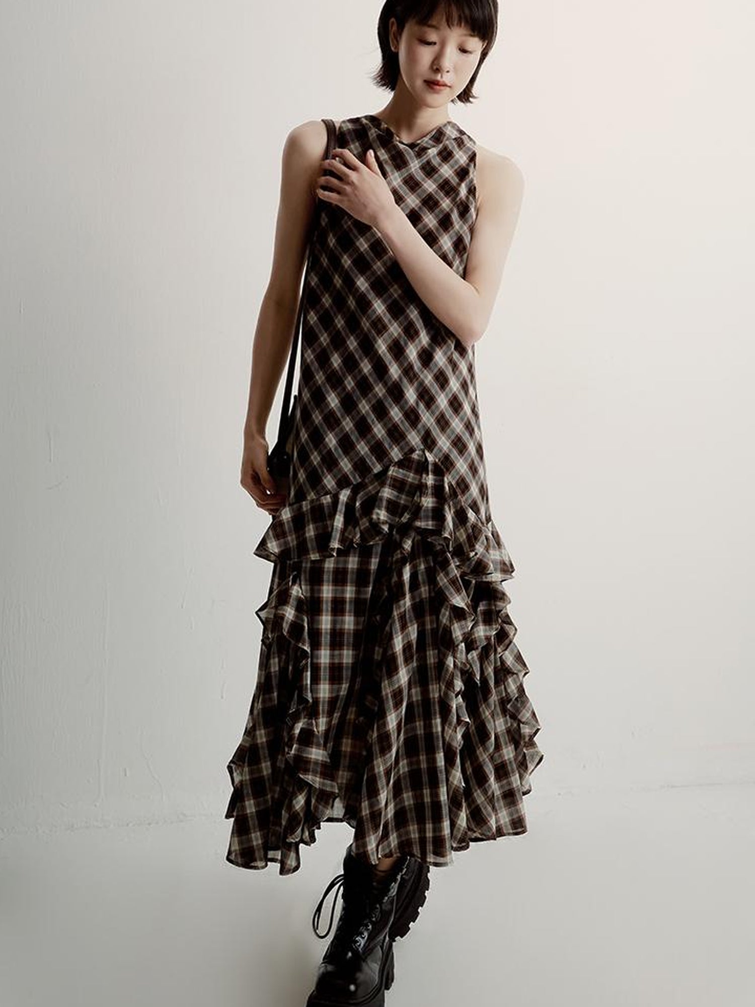 FUSSED Vintage Plunge Neckline Brown Checkered Maxi Dress with Layered Skirt