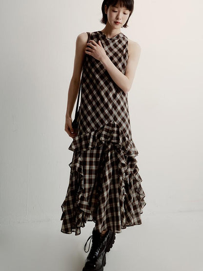 FUSSED Vintage Plunge Neckline Brown Checkered Maxi Dress with Layered Skirt