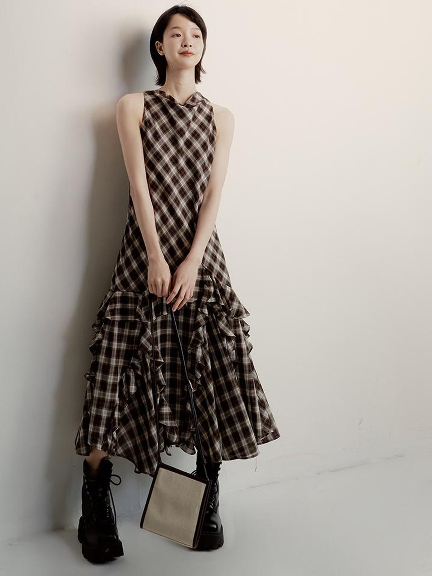FUSSED Vintage Plunge Neckline Brown Checkered Maxi Dress with Layered Skirt