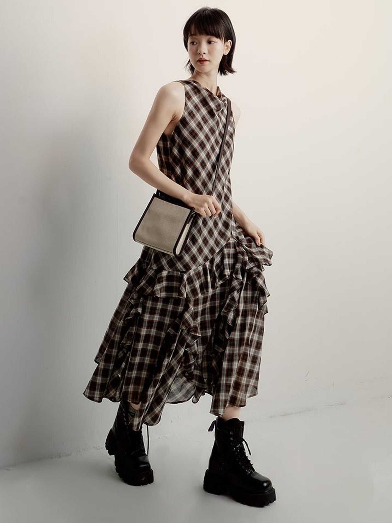 FUSSED Vintage Plunge Neckline Brown Checkered Maxi Dress with Layered Skirt