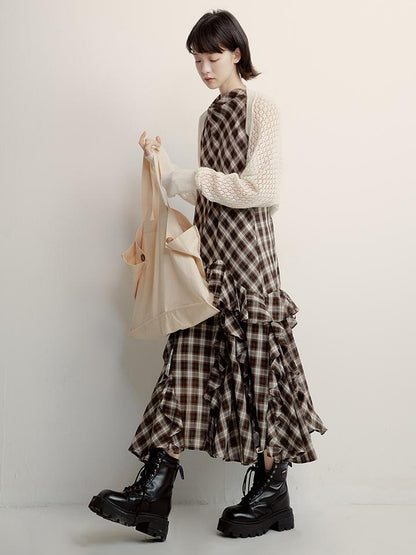 FUSSED Vintage Plunge Neckline Brown Checkered Maxi Dress with Layered Skirt