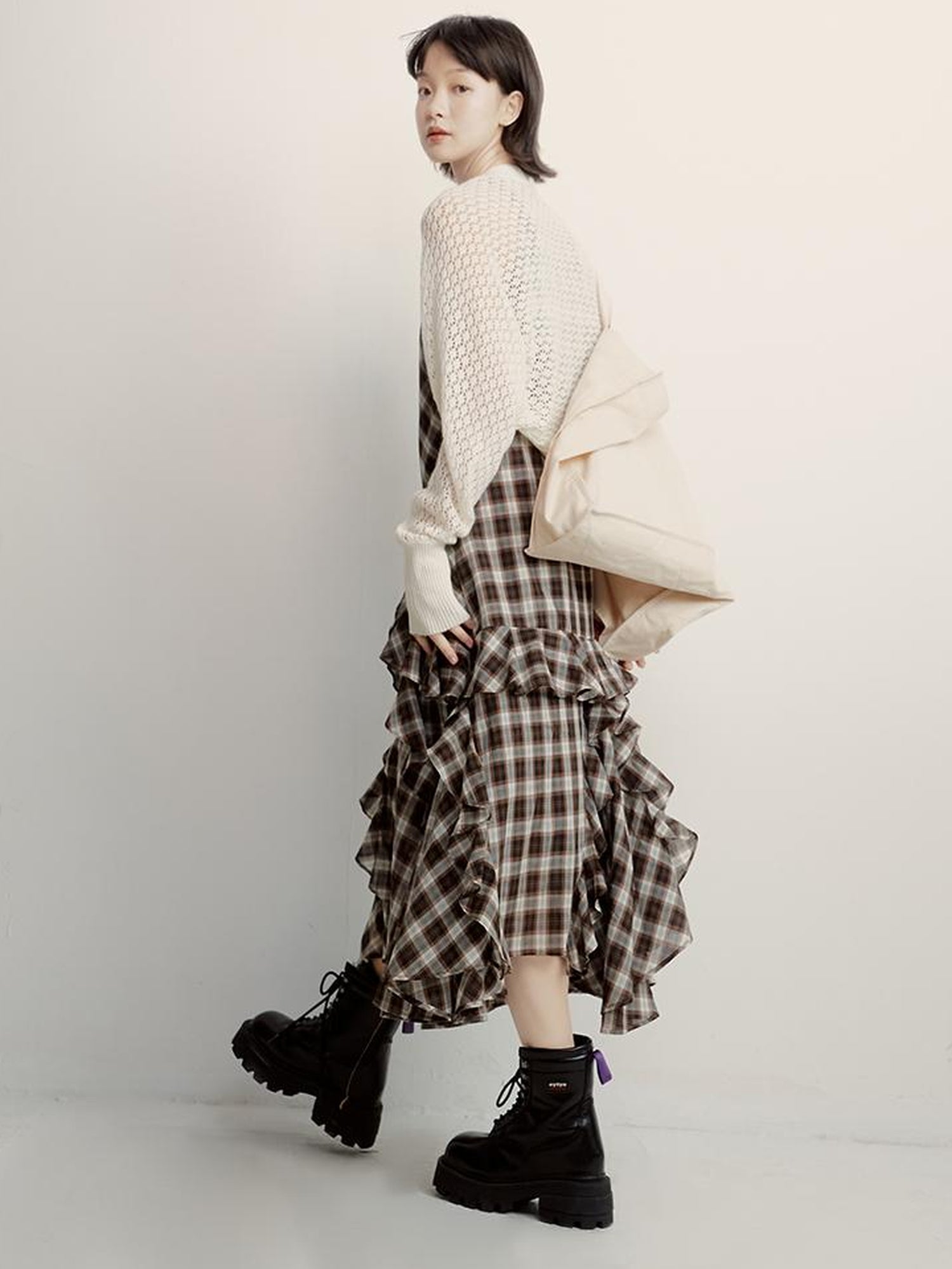 FUSSED Vintage Plunge Neckline Brown Checkered Maxi Dress with Layered Skirt