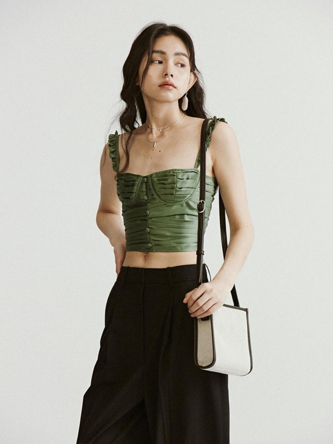 FUSSED Vintage Sage Green Satin Ruffle Camisole Top