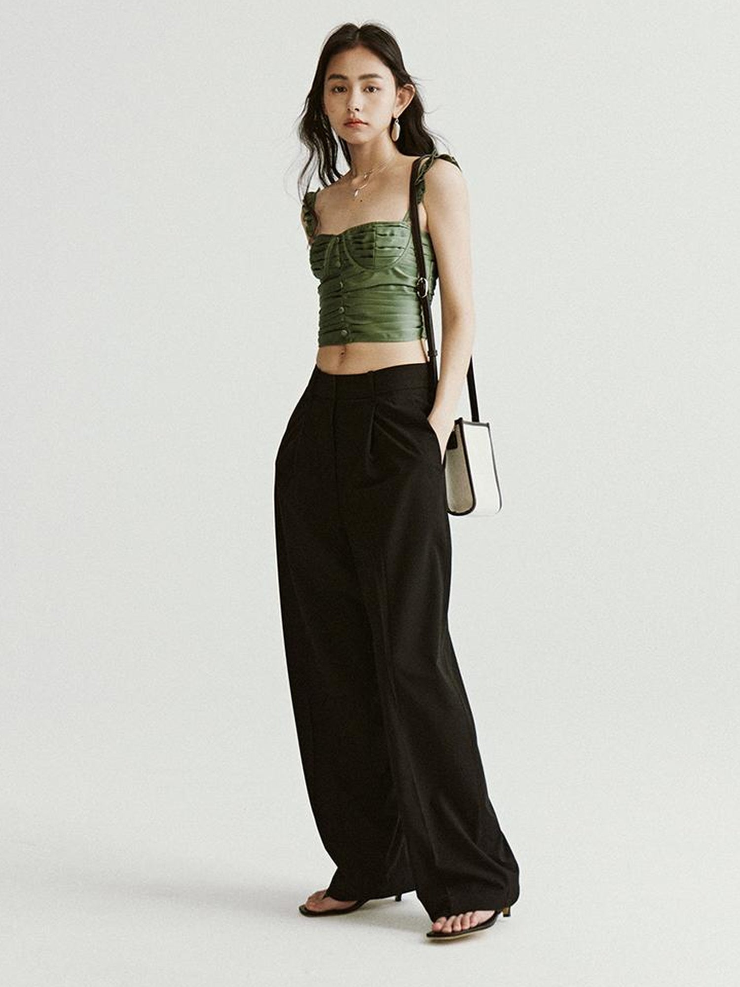 FUSSED Vintage Sage Green Satin Ruffle Camisole Top
