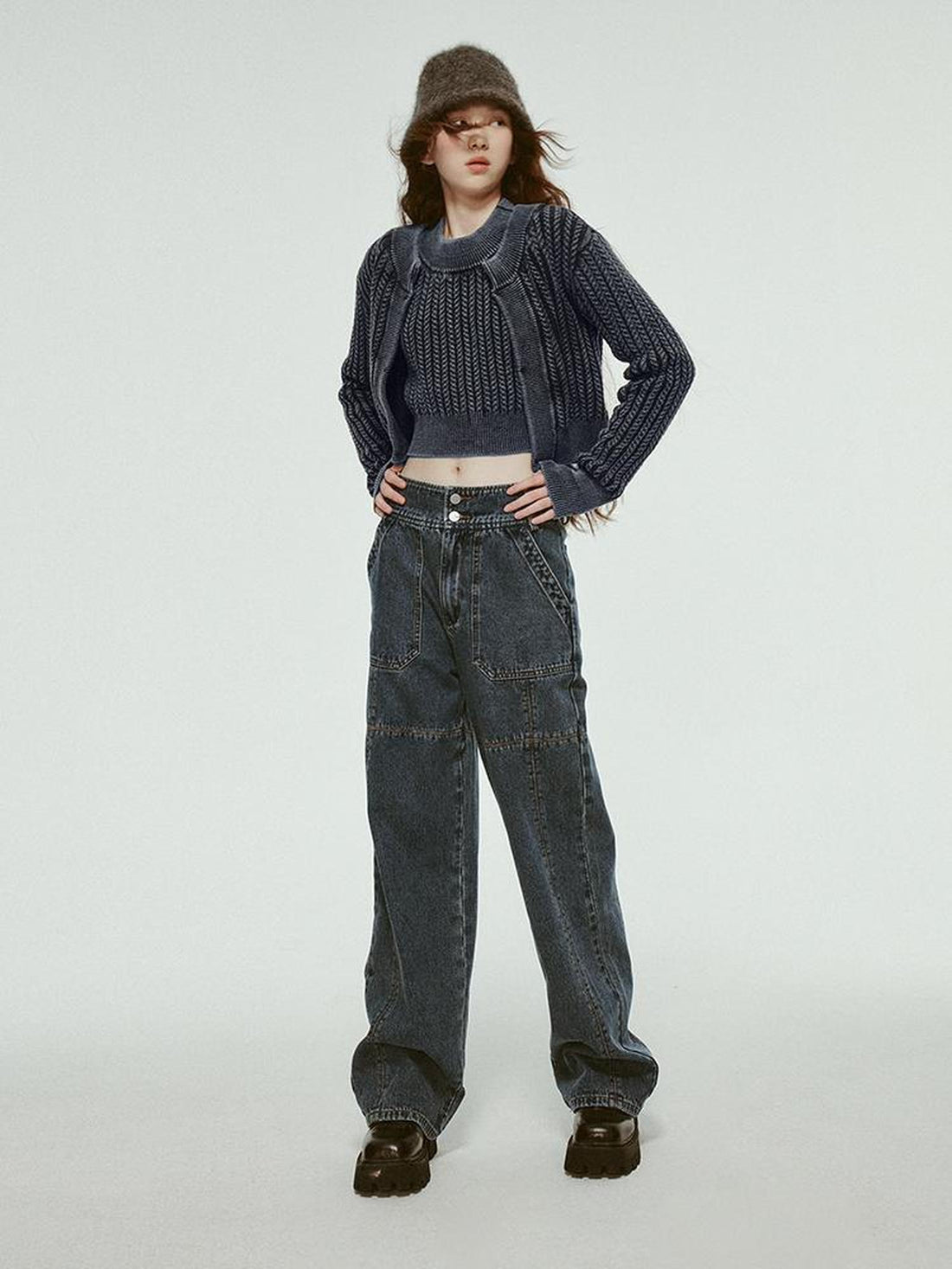 FUSSED Vintage Washed Blue Cropped Cable Knit Cardigan