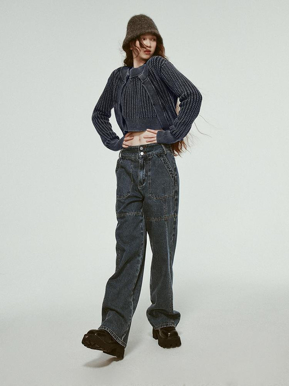 FUSSED Vintage Washed Blue Cropped Cable Knit Cardigan