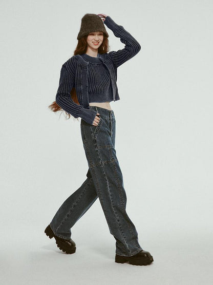 FUSSED Vintage Washed Blue Cropped Cable Knit Cardigan