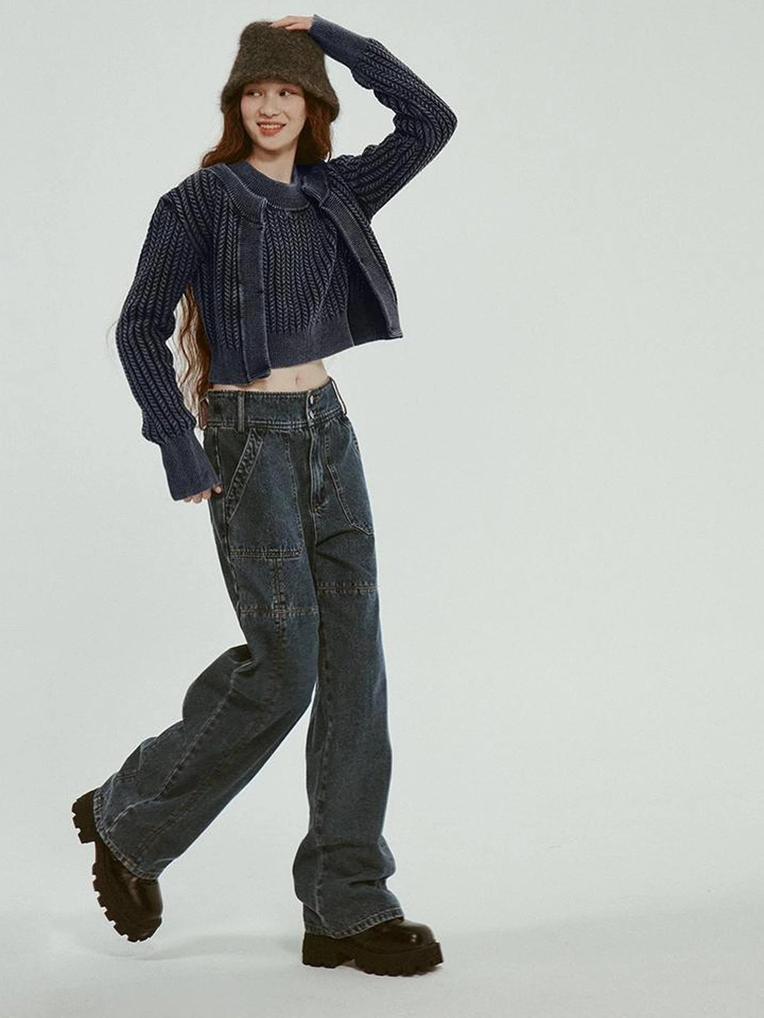 Vintage Washed Blue Cropped Cable Knit Cardigan