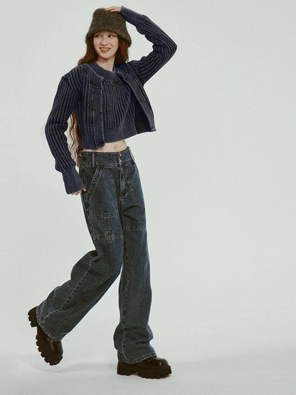 Vintage Washed Blue Cropped Cable Knit Cardigan