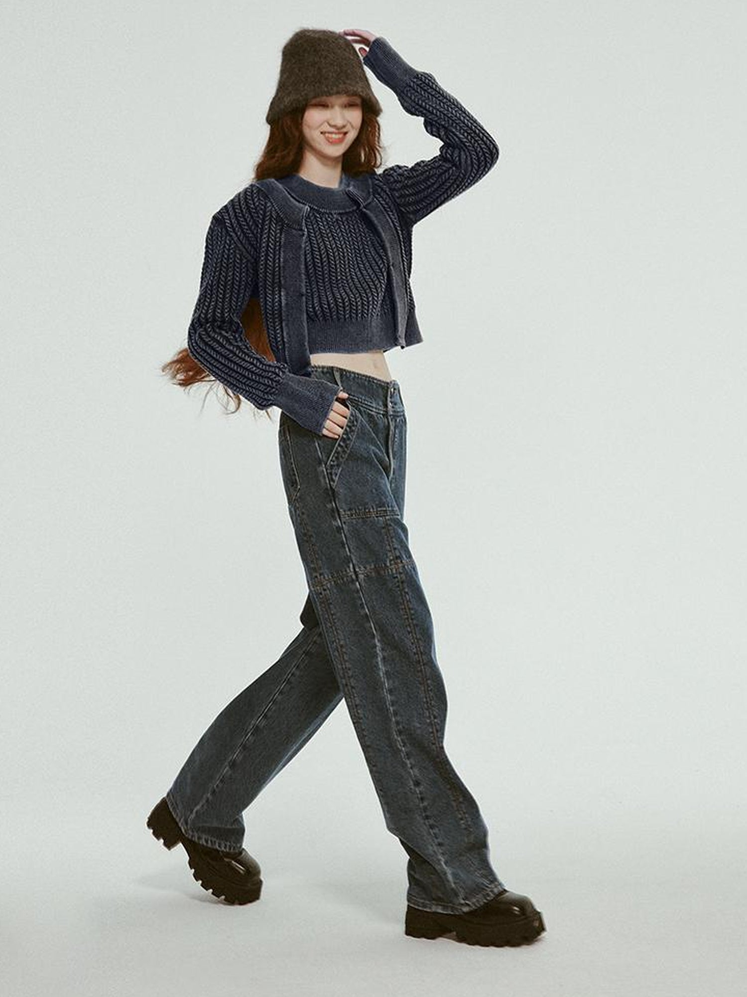 FUSSED Vintage Washed Blue Cropped Cable Knit Cardigan