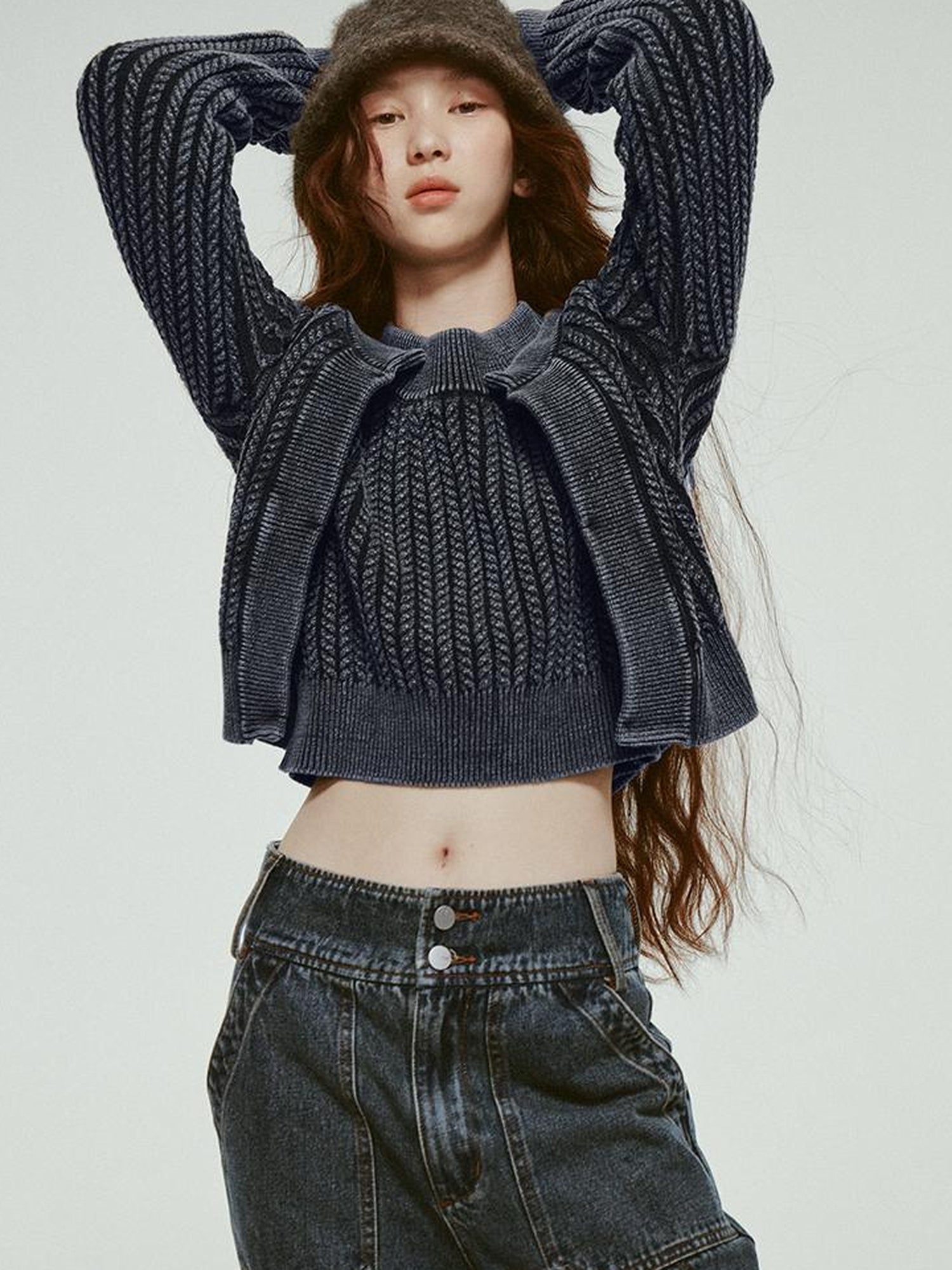 FUSSED Vintage Washed Blue Cropped Cable Knit Cardigan