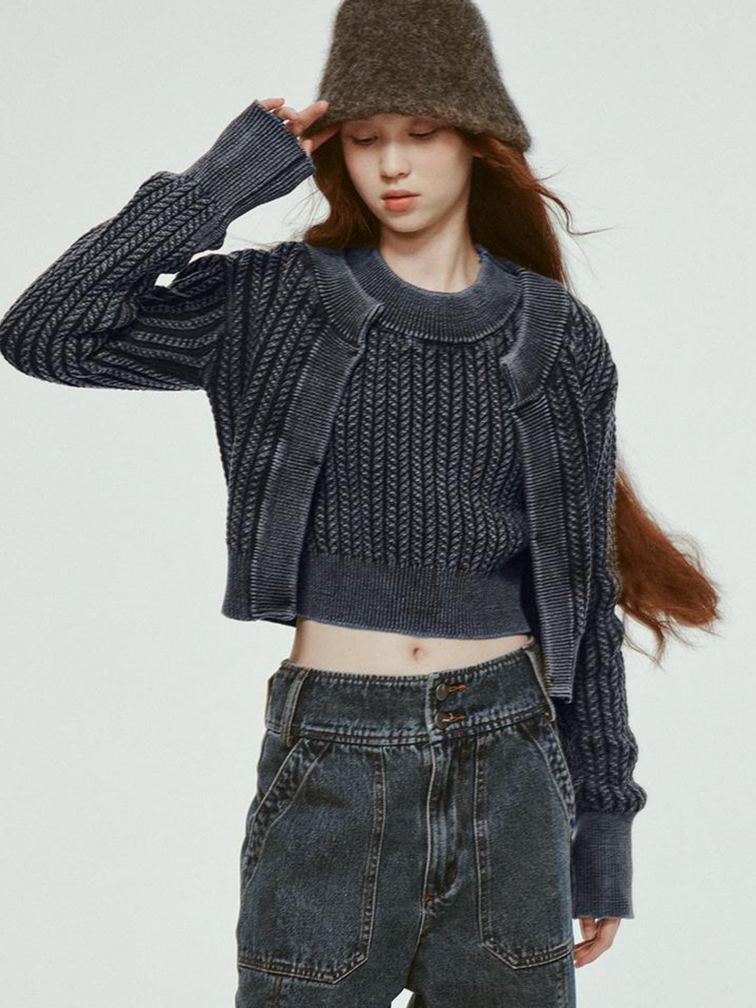 FUSSED Vintage Washed Blue Cropped Cable Knit Cardigan