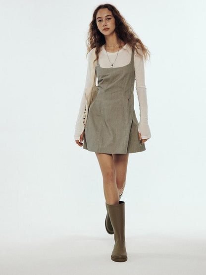 FUSSED Vintage Washed Gray Tie Back Denim Dress V Neck Long Sleeve