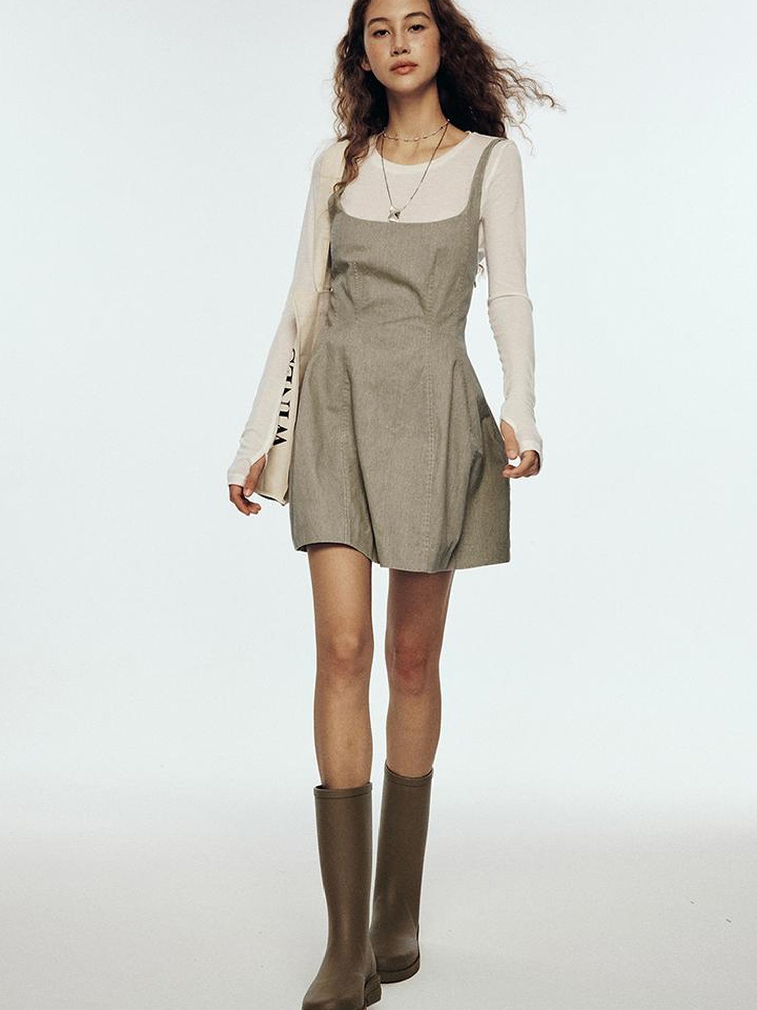 FUSSED Vintage Washed Gray Tie Back Denim Dress V Neck Long Sleeve
