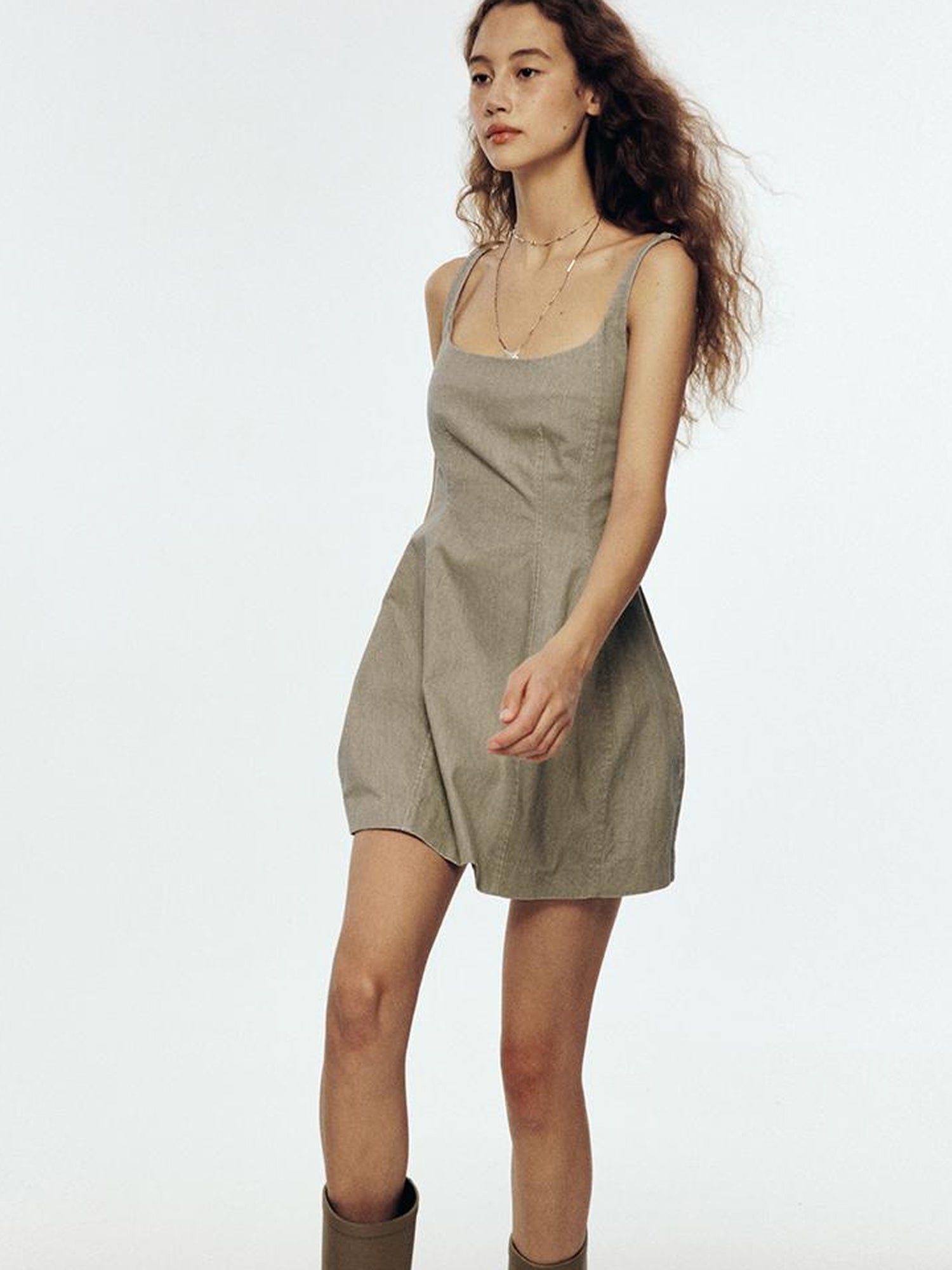FUSSED Vintage Washed Gray Tie Back Denim Dress V Neck Long Sleeve
