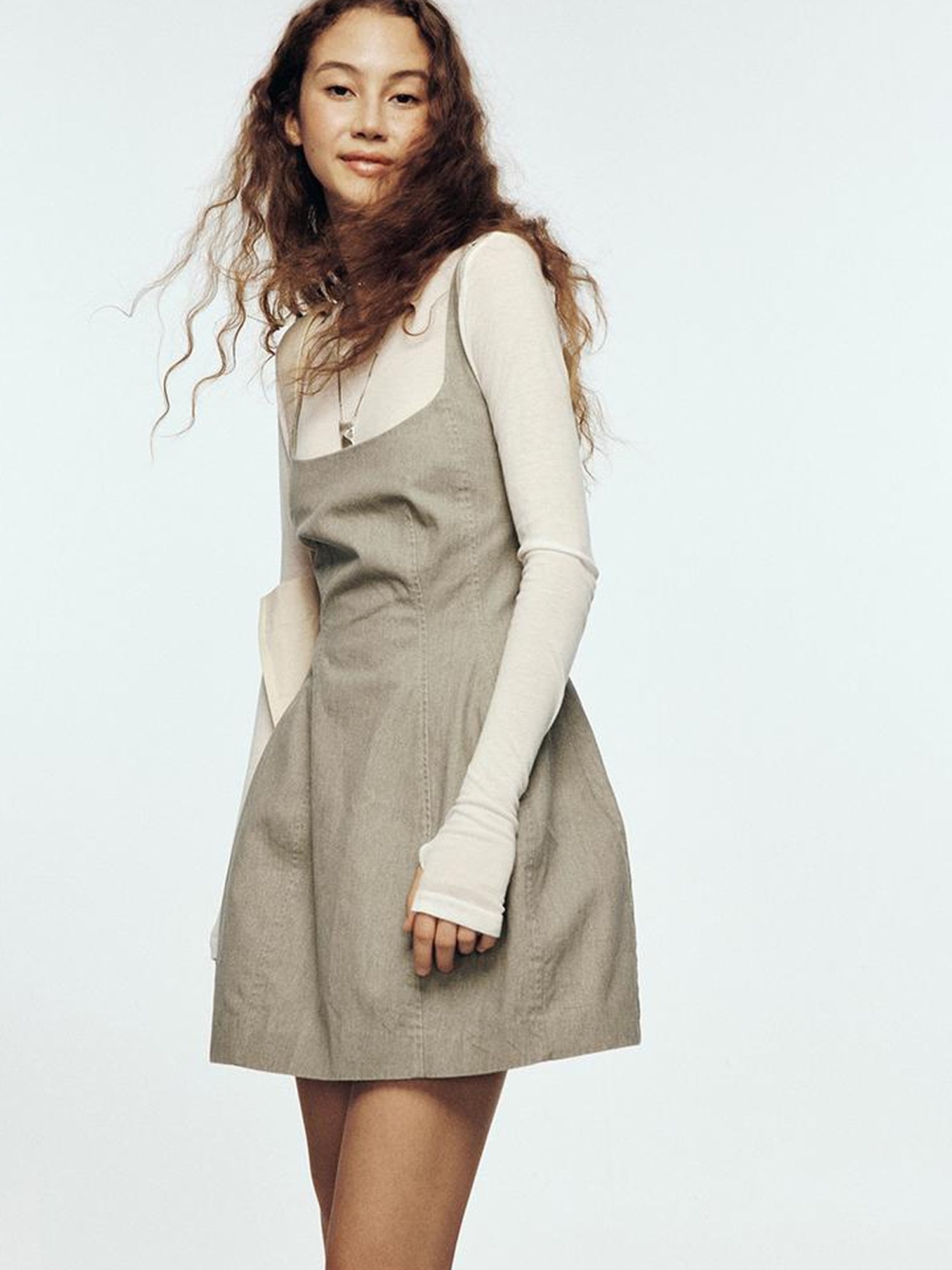 FUSSED Vintage Washed Gray Tie Back Denim Dress V Neck Long Sleeve