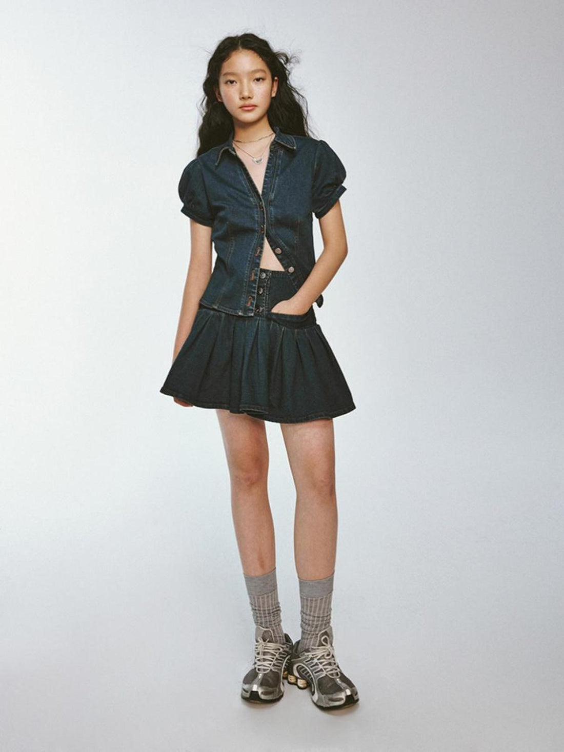 FUSSED Vtg Cowgirl Vintage Blue V-neck Denim Puff Sleeve Crop Shirt