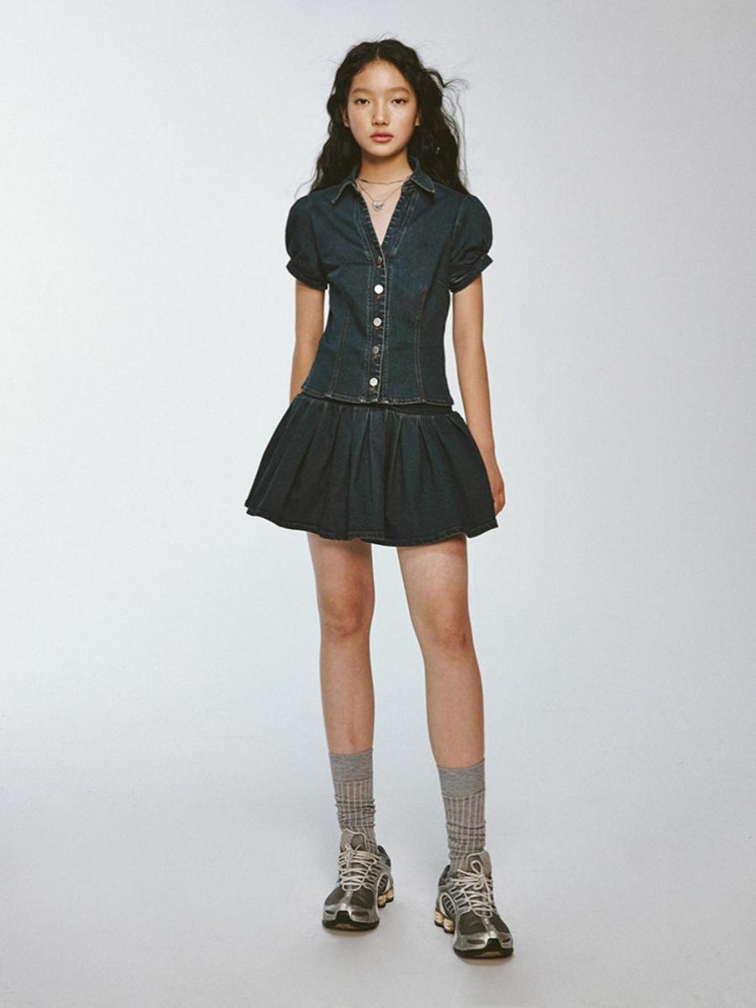 FUSSED Vtg Cowgirl Vintage Blue V-neck Denim Puff Sleeve Crop Shirt