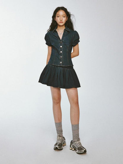 FUSSED Vtg Cowgirl Vintage Blue V-neck Denim Puff Sleeve Crop Shirt