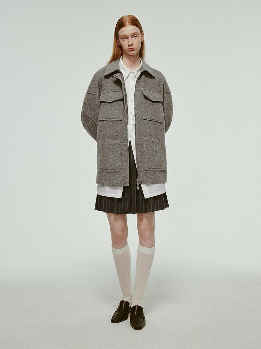 FUSSED Vtg Wool Blend Curved Hem Sand Grey Patchwork Jacket