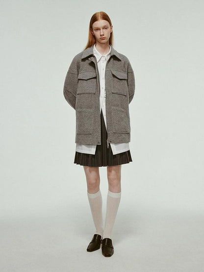 Vtg Wool Blend Curved Hem Sand Grey Patchwork Jacket