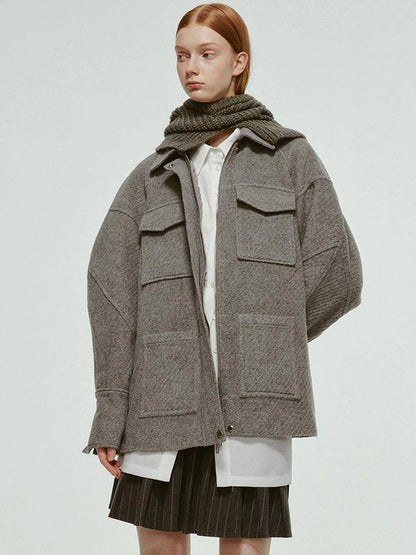 Vtg Wool Blend Curved Hem Sand Grey Patchwork Jacket