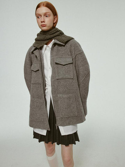 FUSSED Vtg Wool Blend Curved Hem Sand Grey Patchwork Jacket