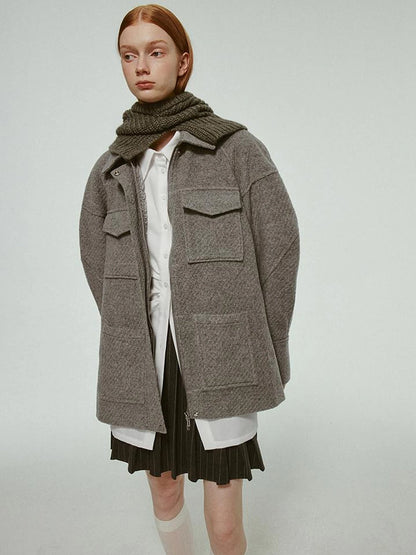 Vtg Wool Blend Curved Hem Sand Grey Patchwork Jacket