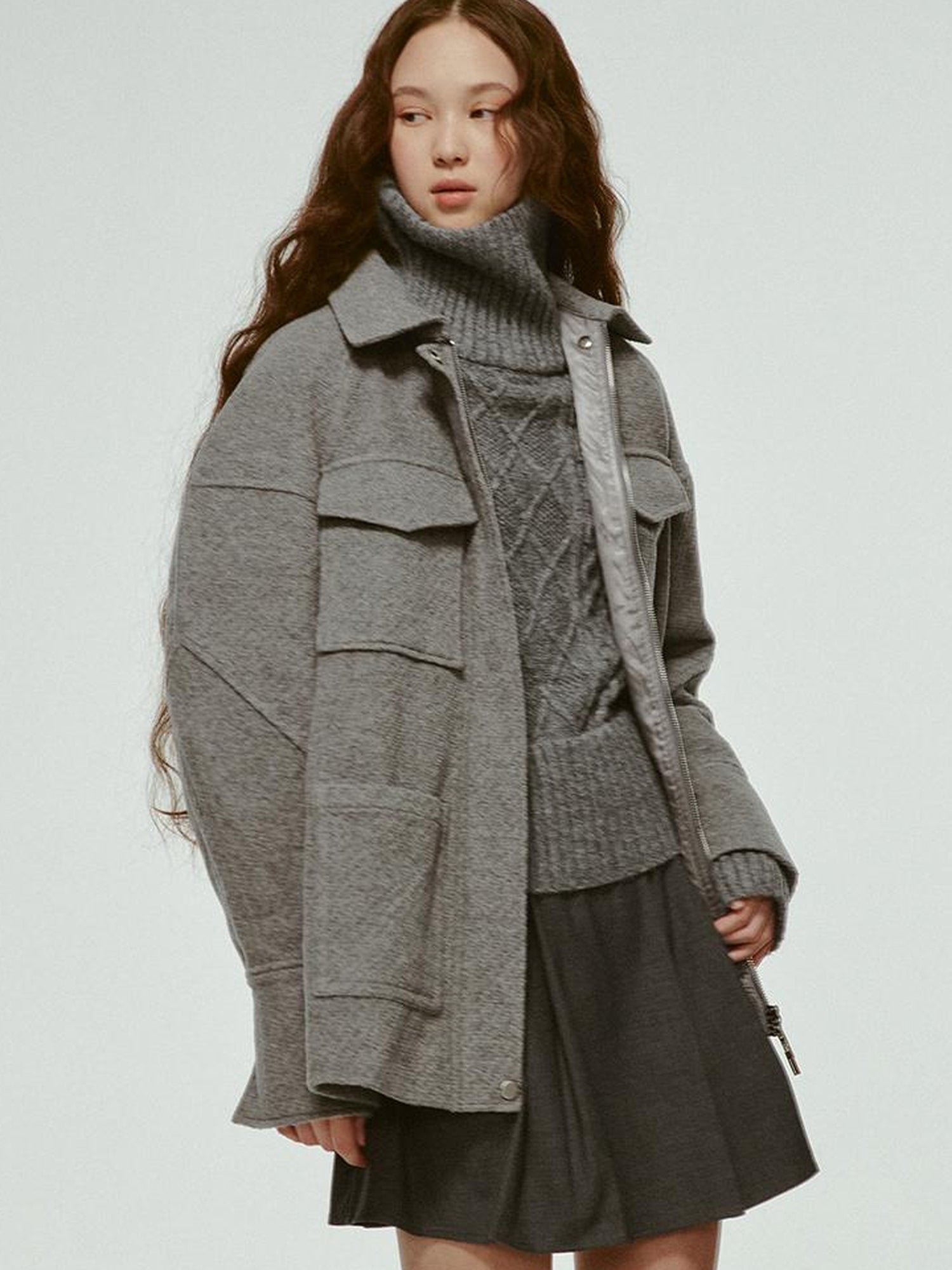 FUSSED Vtg Wool Blend Curved Hem Sand Grey Patchwork Jacket