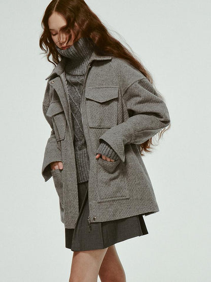 FUSSED Vtg Wool Blend Curved Hem Sand Grey Patchwork Jacket