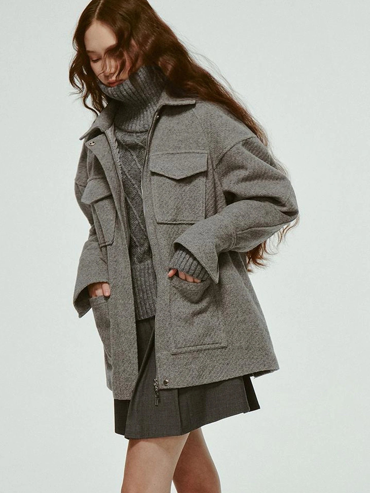 Vtg Wool Blend Curved Hem Sand Grey Patchwork Jacket