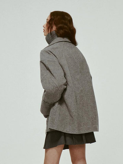 Vtg Wool Blend Curved Hem Sand Grey Patchwork Jacket