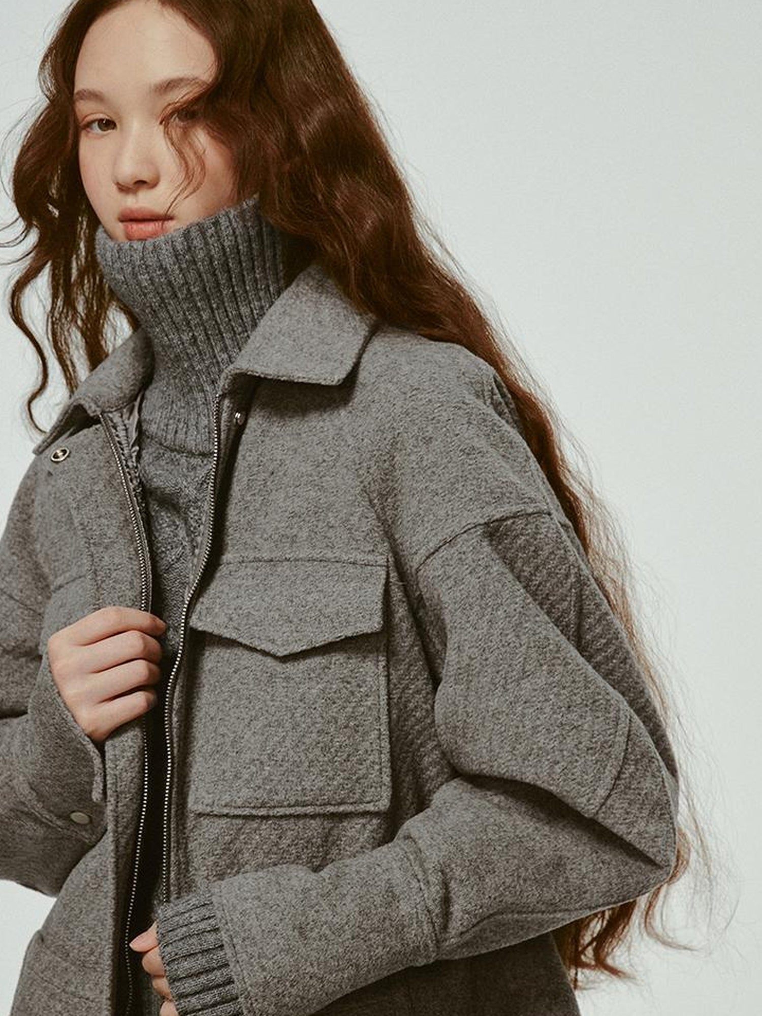 FUSSED Vtg Wool Blend Curved Hem Sand Grey Patchwork Jacket